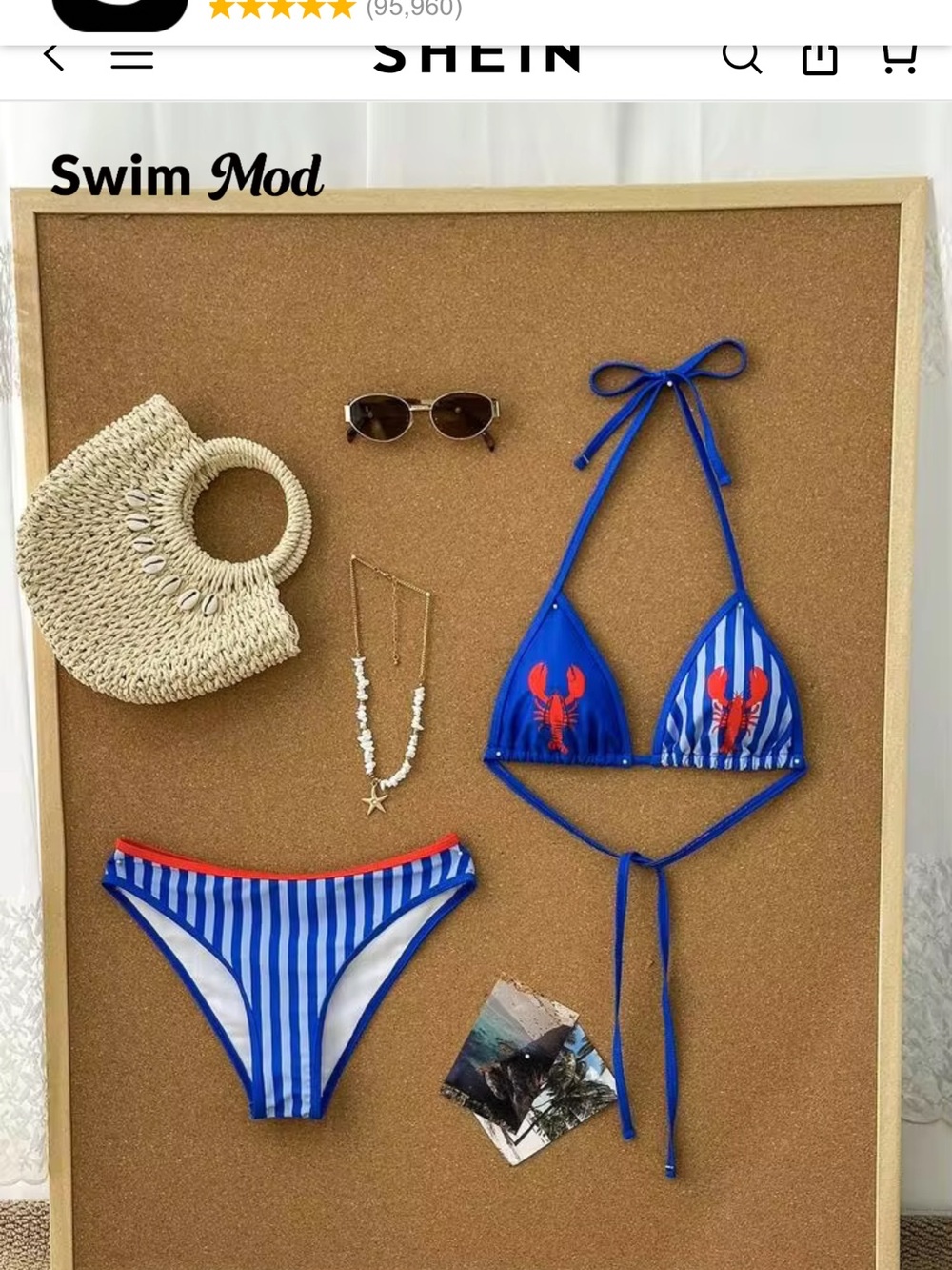 SHEIN Blue & White Striped Bikini Set with Red Lobster Applique